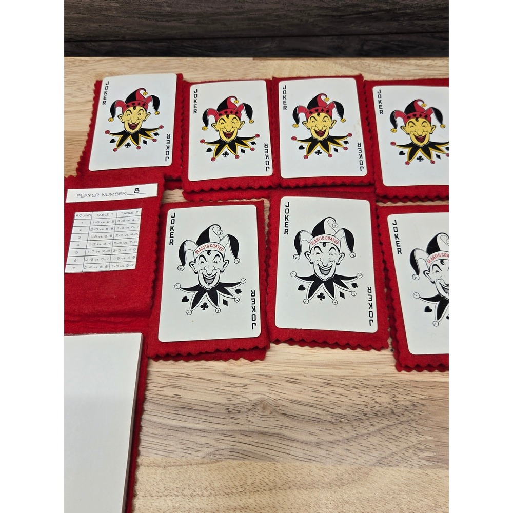 Vintage Bridge Tally Set 8 Red Felt Folders Joker Playing Cards Game Scoring